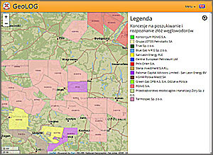 Mapa koncesji na poszukiwanie i rozpoznanie złóż węglowodorów - CBDG GeoLOG